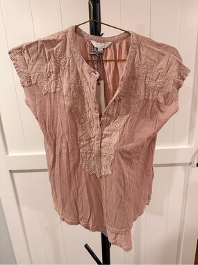 Lucky Brand Dusty Rose Embroidered Split-Neck Tunic